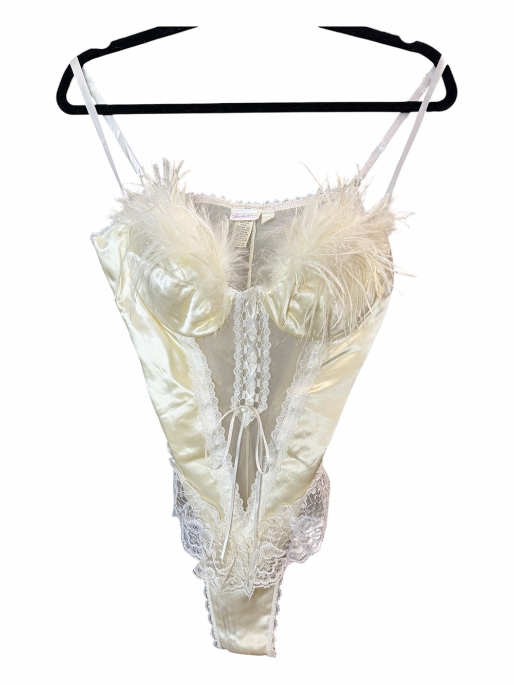 Fredericks of Hollywood Feather Satin Bodysuit Large 80s 90s vintage